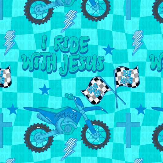 I ride with Jesus blue checkered